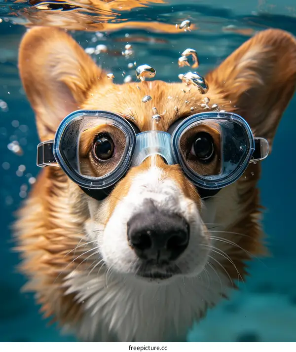 A cute corgi dog wearing swimming goggles is swimming underwater