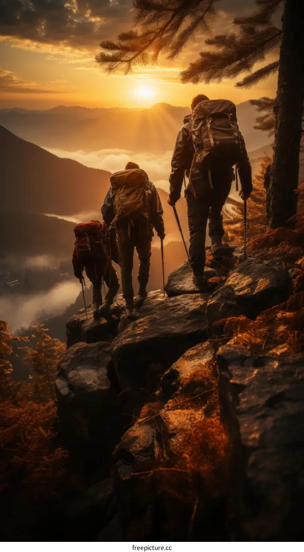 Three hikers on a mountaintop at sunset