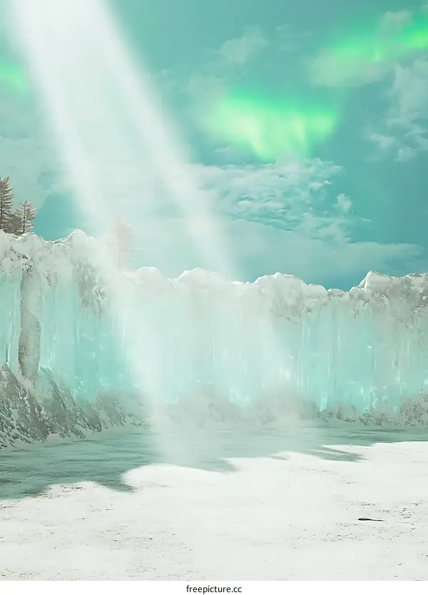 Winter Fantasy Landscape With Frozen Waterfall and Northern Lights