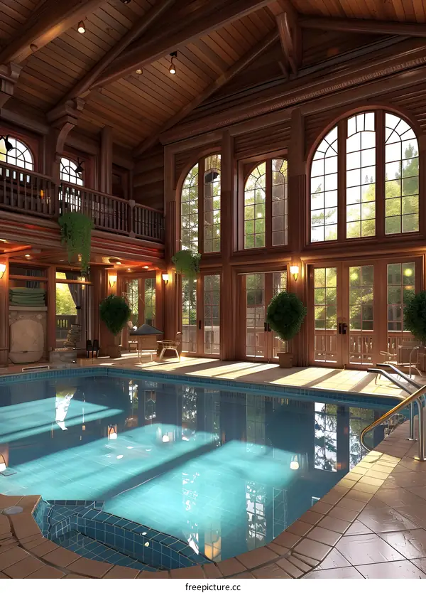 Indoor Swimming Pool With Large Windows And Wooden Beams