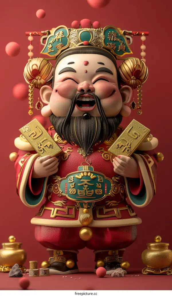 A Chinese man in traditional clothes holding two gold bars