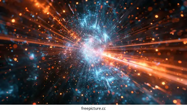 Blue and orange glowing particles form a wormhole in space