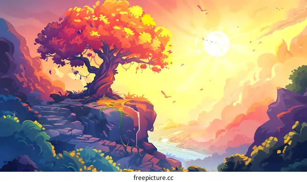 Fantasy Landscape with Tree on Cliff and Sunset