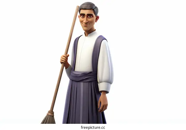 A sweeper holding a broom