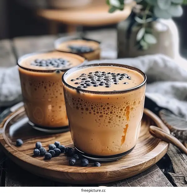 Iced coffee with milk and blueberries