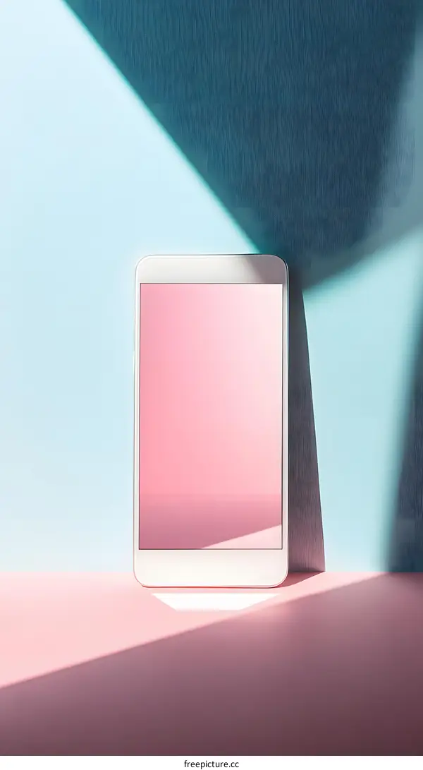 White Smartphone on Pink and Blue Background with Sunlight Shadow