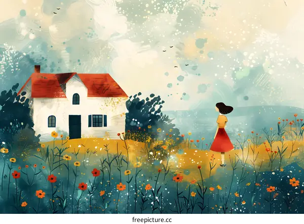 girl standing in a field of flowers looking at a house