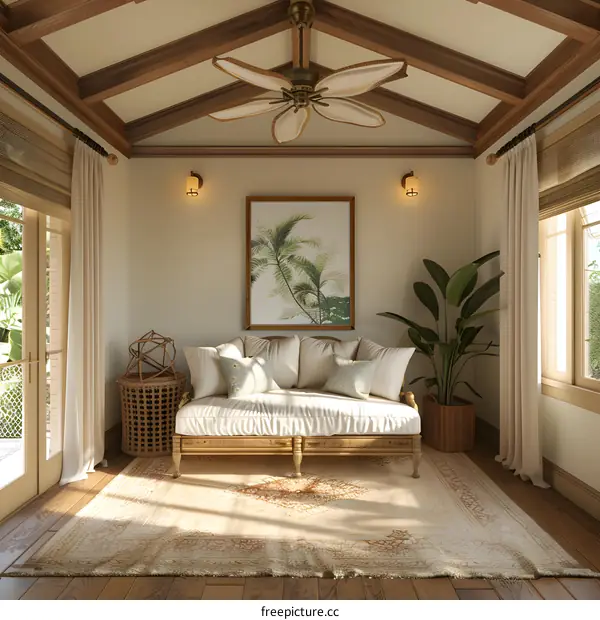 Tropical Style Interior Design with a Ceiling Fan and Sofa