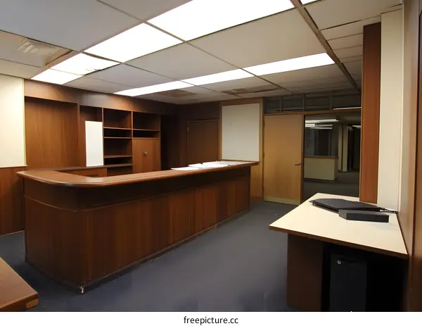 Empty Office Reception Area with Wooden Furniture