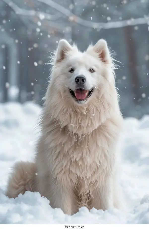 White Samoyed Dog Smiling in the Snow