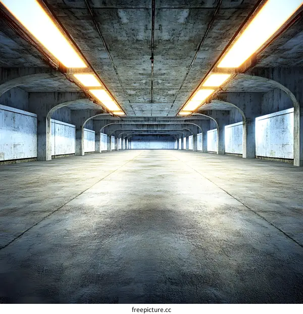 Empty Concrete Garage Interior with Glowing Lights