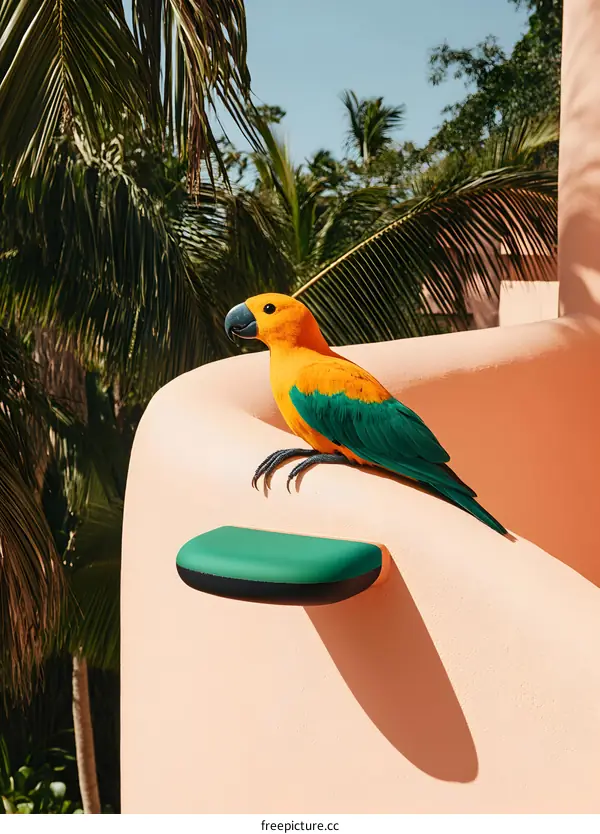 Orange and Green Parrot Perched on a Wall with Palm Trees in the Background