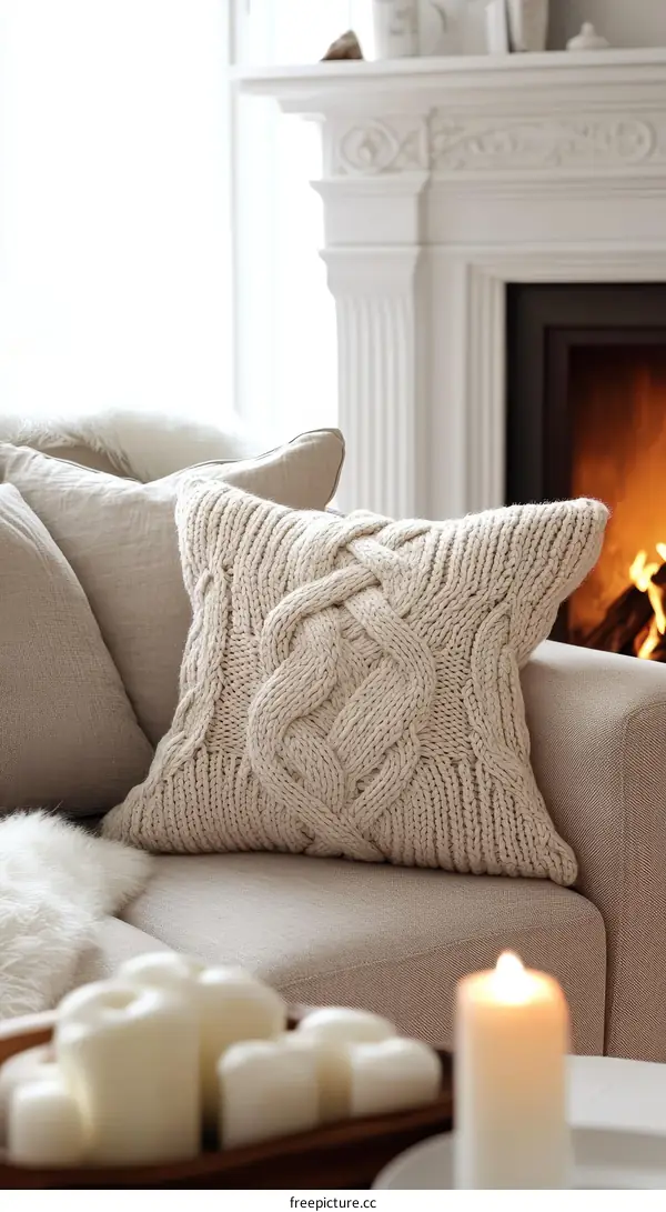 Cozy Knitted Throw Pillow on Beige Sofa