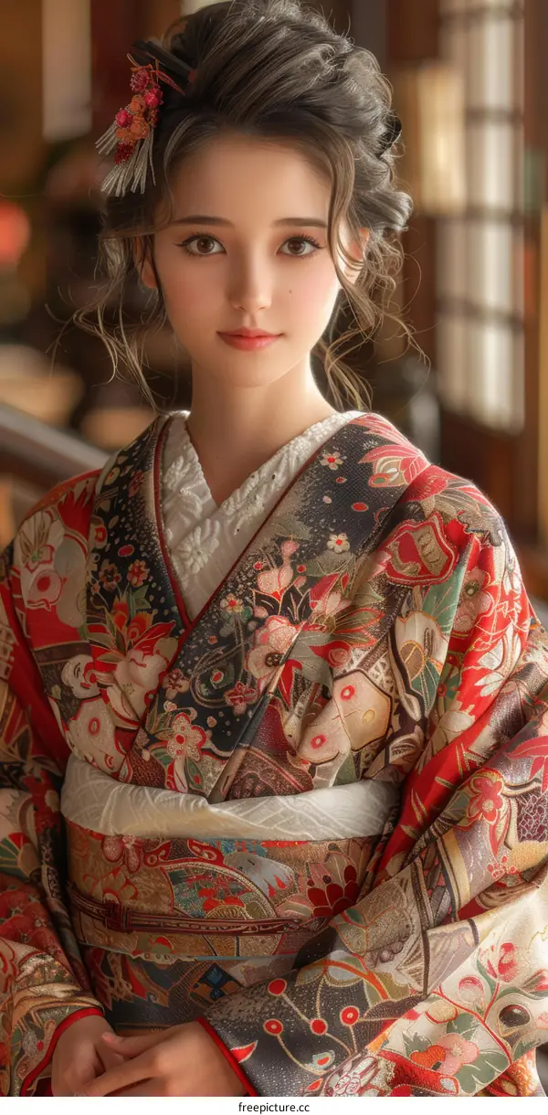 Portrait of a beautiful Japanese woman in traditional kimono