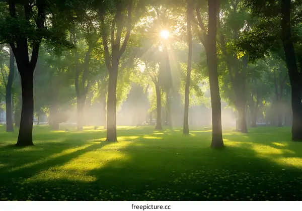 Sun Rays Shining Through Trees in a Misty Forest