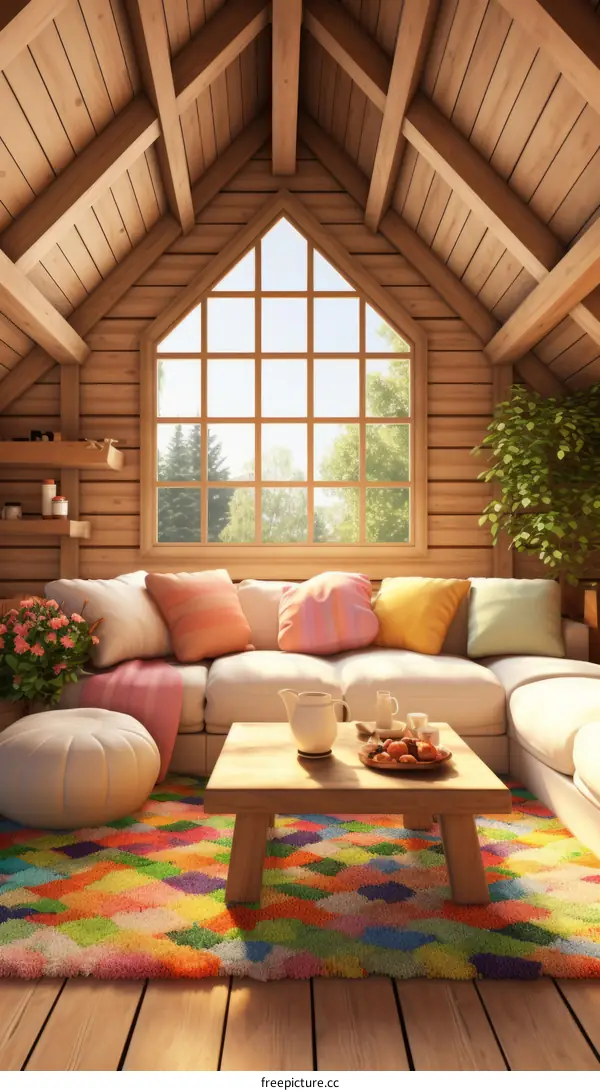 Cozy and colorful living room interior with large windows