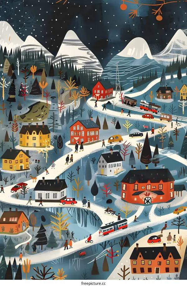 Winter Village Illustration with People and Snow Covered Mountains