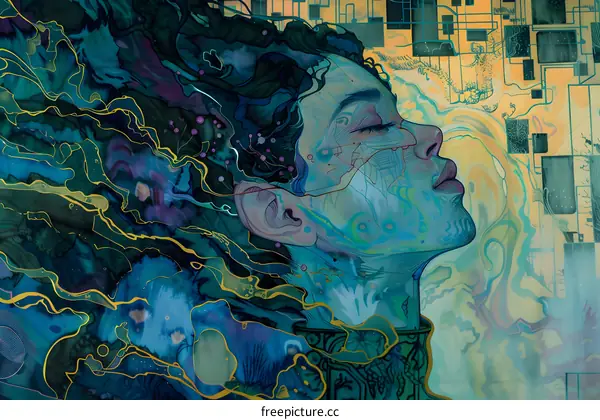 Abstract Digital Art of a Woman with Blue and Gold Tones