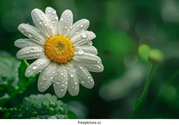 Close-up of a white daisy flower with yellow center and water drops on the petals