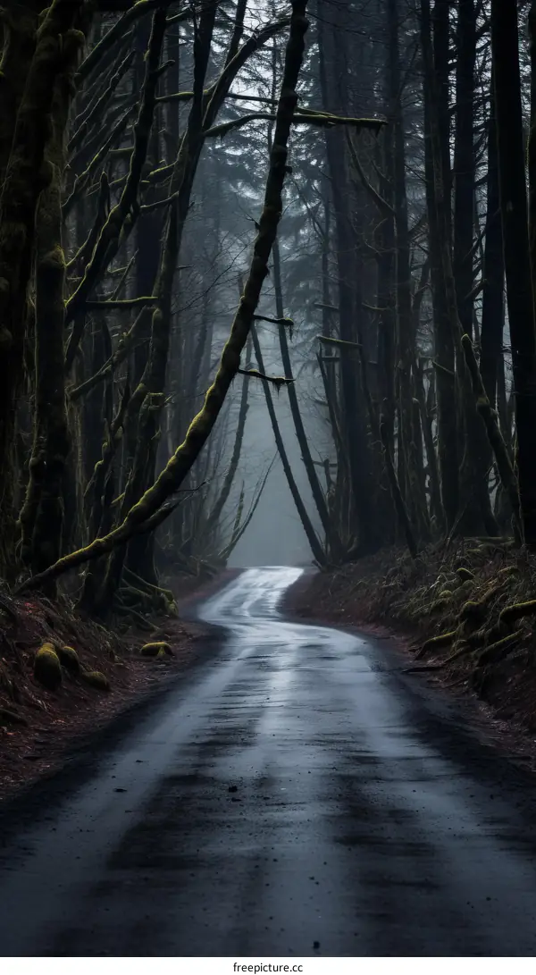 Road through a dark and mysterious forest
