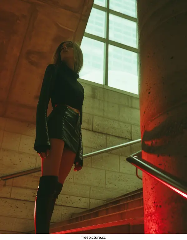 Blonde woman in black leather skirt standing on stairs