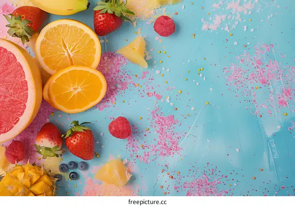 Fresh Fruits on Blue Background with Sprinkles