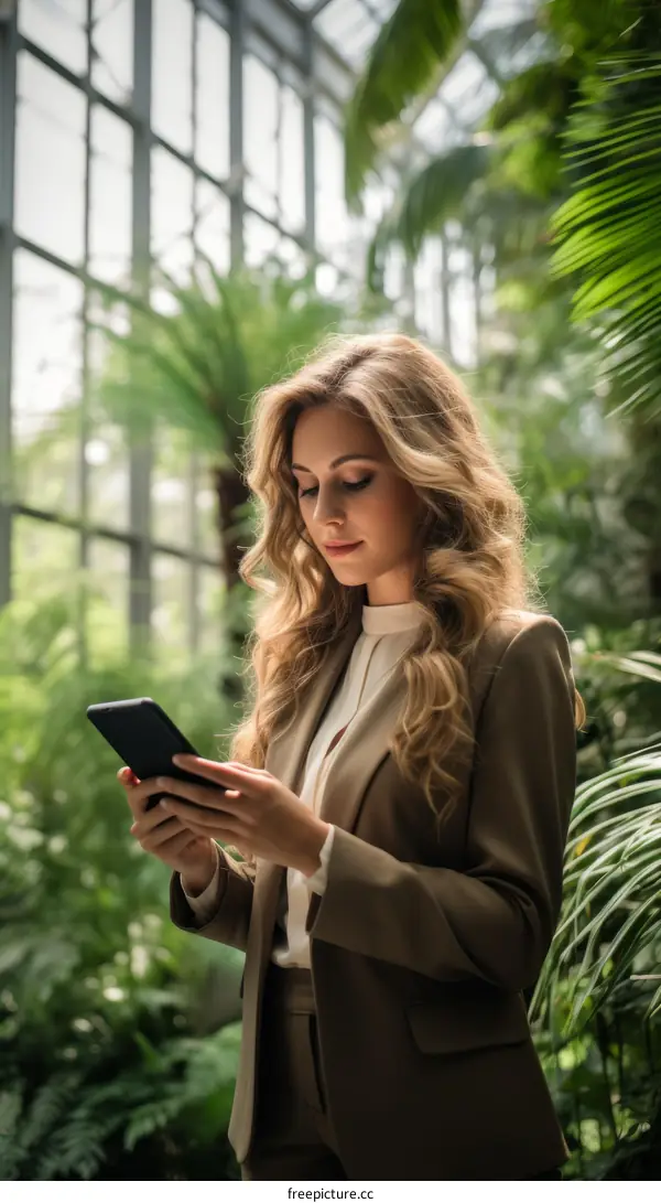 Confident young businesswoman checking her phone in a tropical garden