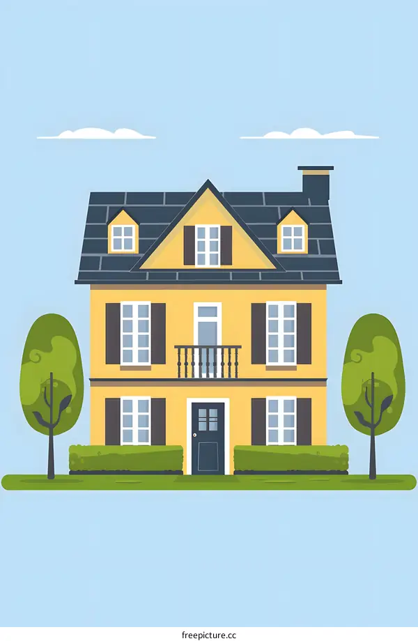 Yellow Two Story House with Green Trees Illustration