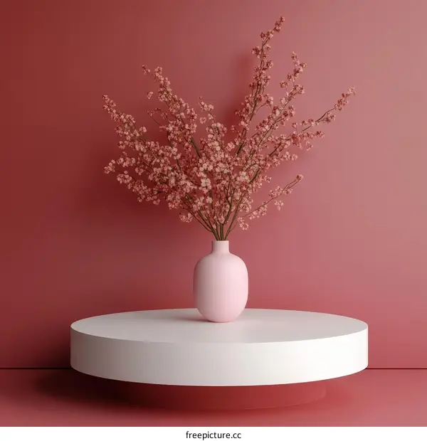 Pink Vase with Cherry Blossoms on a White Pedestal