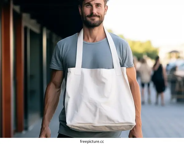 Young man with beard carrying a white tote bag