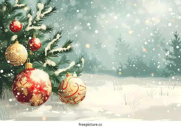 Christmas ornaments hanging on a snowy spruce branch with a snowy forest in the background