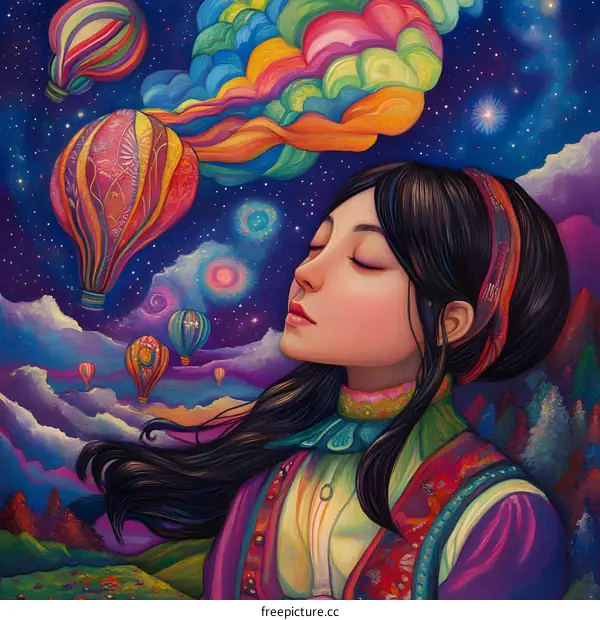 Dreamy Illustration of a Woman With Hot Air Balloons in the Sky
