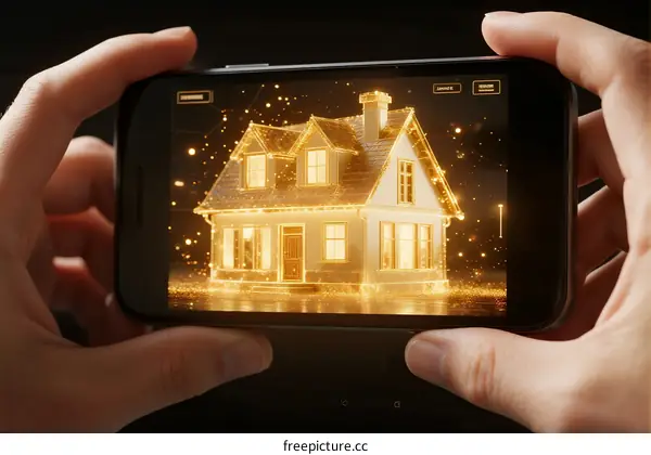Hands holding smartphone showing illuminated house with golden lights