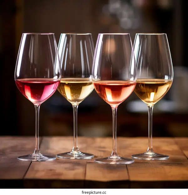 Four glasses of wine on a wooden table