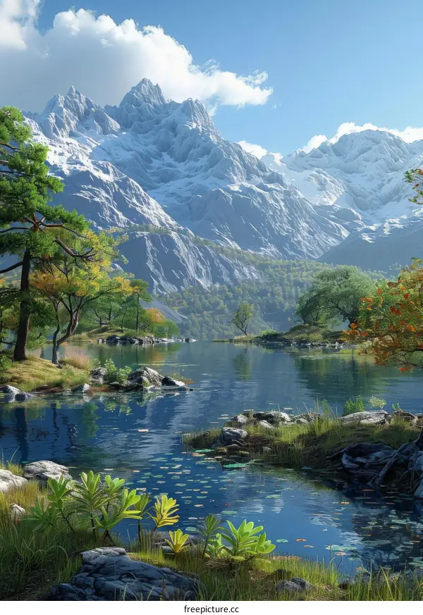 Tranquil mountain lake and snow-covered mountains in the distance