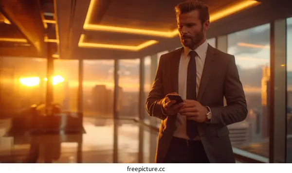 Businessman in suit using smartphone in modern office interior with floor-to-ceiling windows at sunset