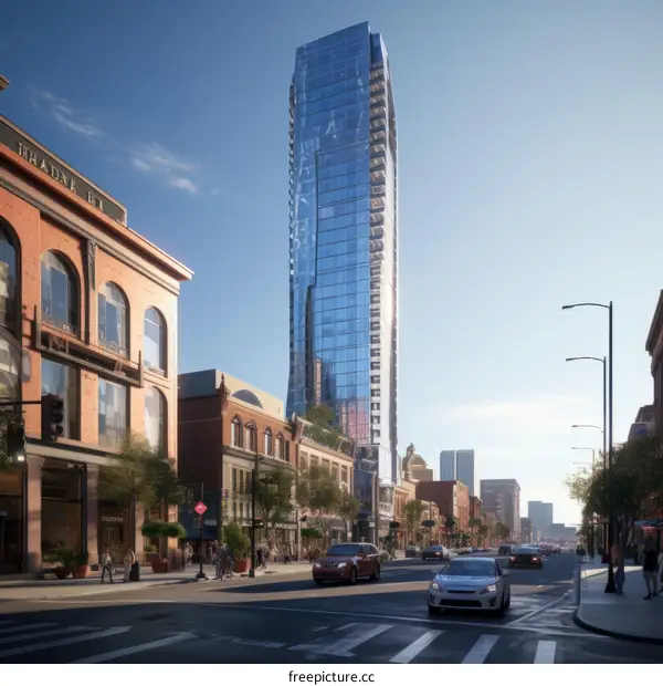 A rendering of a skyscraper made of glass and steel with a curved top