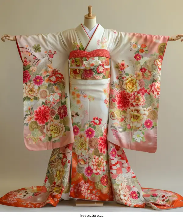 A woman wearing a traditional Japanese wedding kimono