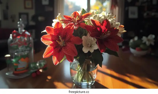 Vibrant Red and White Flowers Bouquet in Sunlight