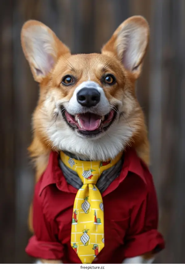 A happy corgi dog wearing a shirt and tie