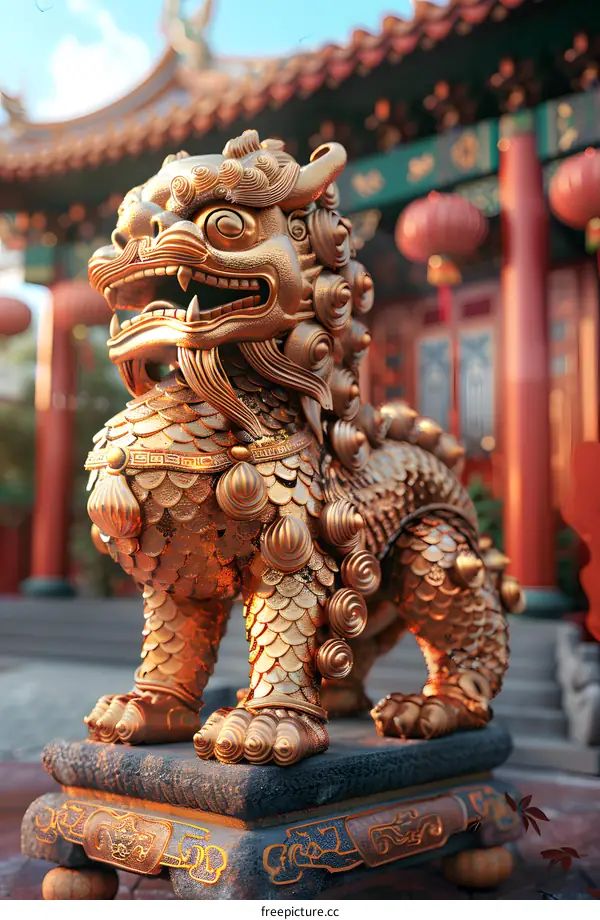 A golden lion statue in front of a Chinese temple.