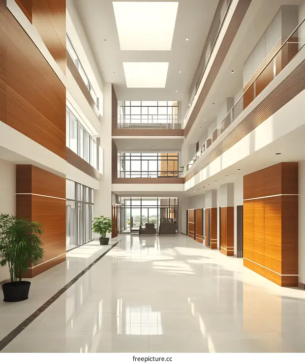 Modern Building Interior Design With Wood Paneling And Glass Windows