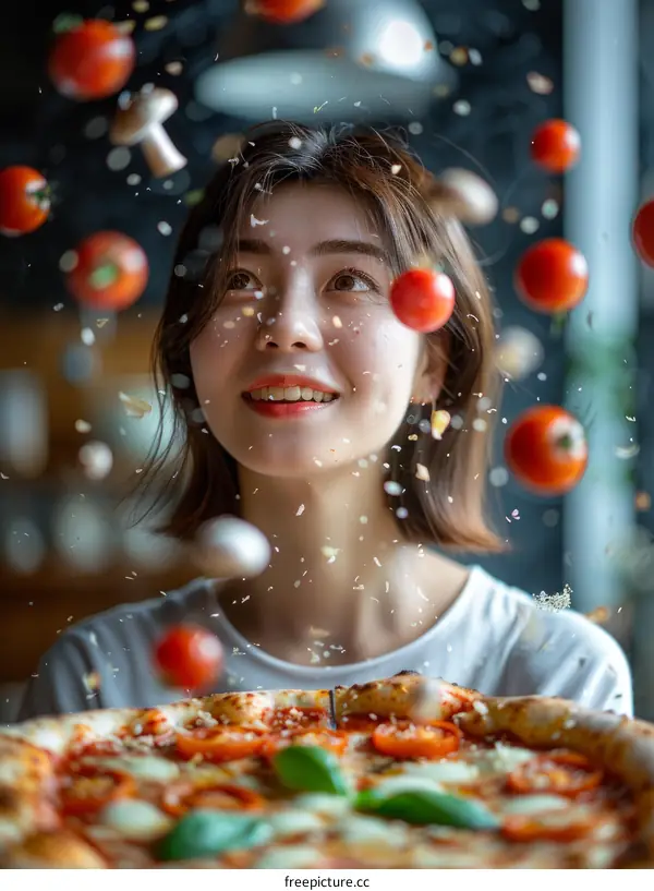 A woman smiles as cherry tomatoes and mushrooms fall around her