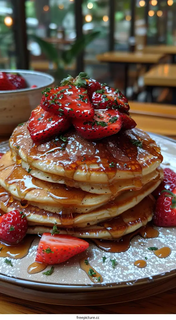 A decadent stack of pancakes topped with fresh strawberries and maple syrup
