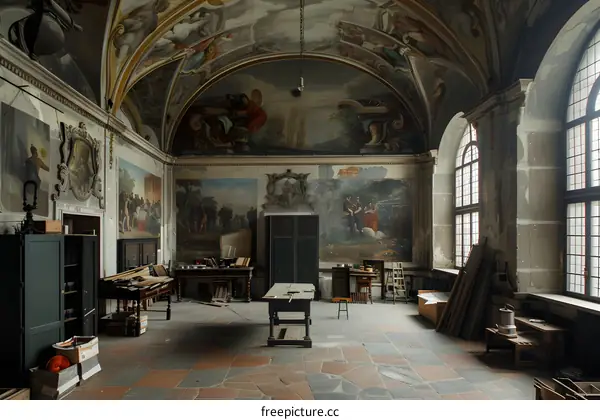 Historic Building Interior with Fresco Paintings and Wooden Floor