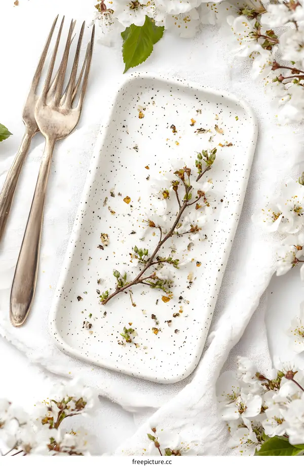 White Flowers on a White Speckled Plate with Silver Forks