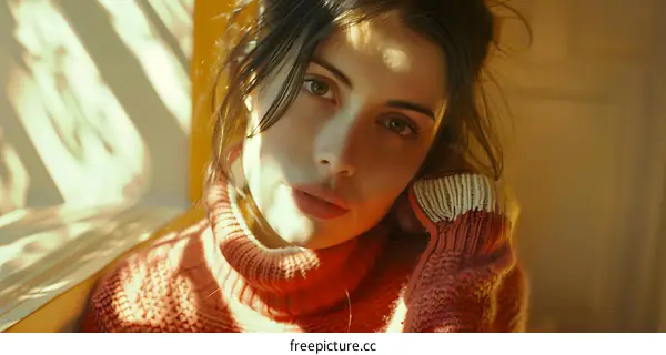 Closeup Portrait of a Young Woman with Brown Hair Wearing a Pink Sweater Looking at the Camera