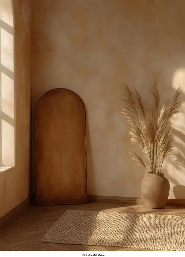 Minimalist Interior Design with a Wooden Panel and Dried Flowers in a Vase