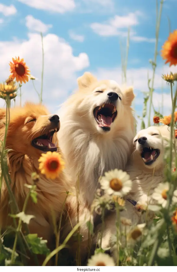 Three happy dogs playing in a field of flowers