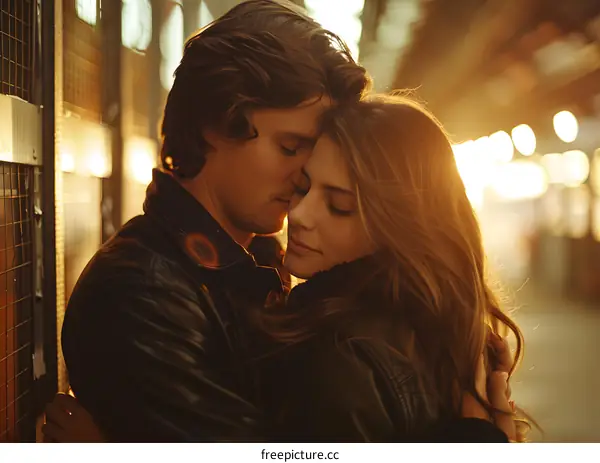 Young couple hugging in the city at sunset